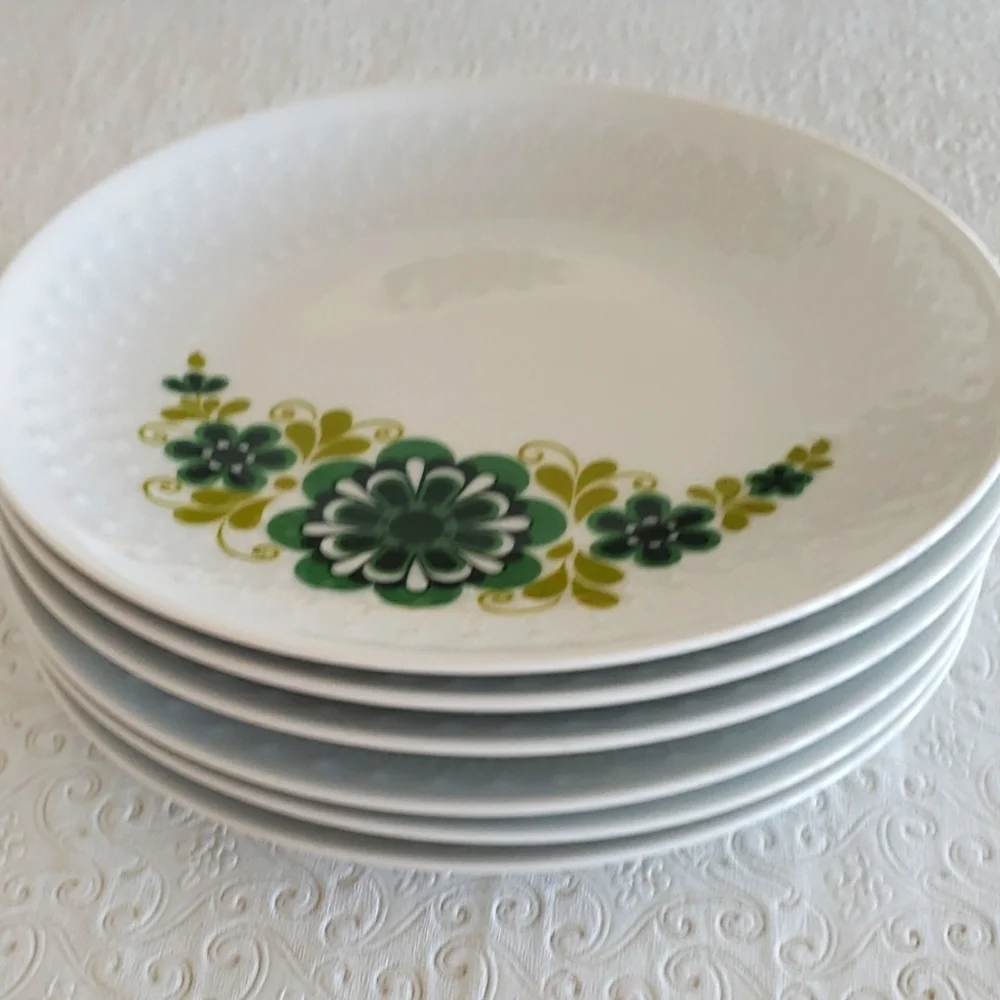 VTG. Mitterteich Bavaria 6 White Porcelain & Green Floral Salad Plates, 7 3/4